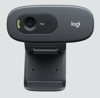 Logitech C270 HD Webcam with built-in microphone for video calls. Dark grey, shows front view of the camera.