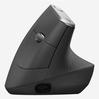 Logitech MX Vertical ergonomic mouse in graphite color, designed for wrist comfort and reduced muscle strain.