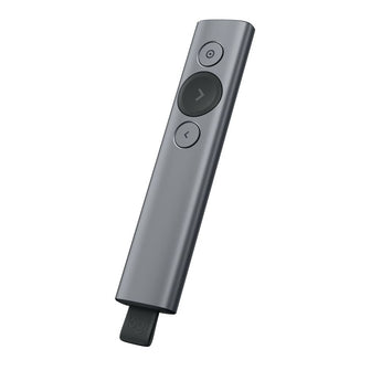 Logitech Spotlight Presentation Remote in slate color, showing its sleek design and key control buttons.