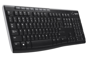 Logitech K270 Wireless Keyboard in black with USB receiver, offering a full-size layout and hotkeys for enhanced productivity.