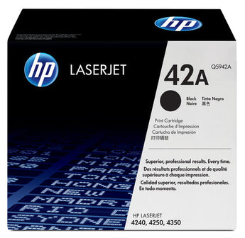 HP 42A Black Toner Cartridge Q5942A for LaserJet 4250, 4350, and 4240 printers. Standard yield, original HP.