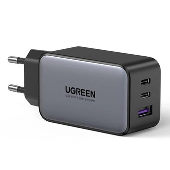 UGREEN 65W GaN 3-Port PD Wall Charger in black, model UG-CD244-10335, charges multiple devices quickly.