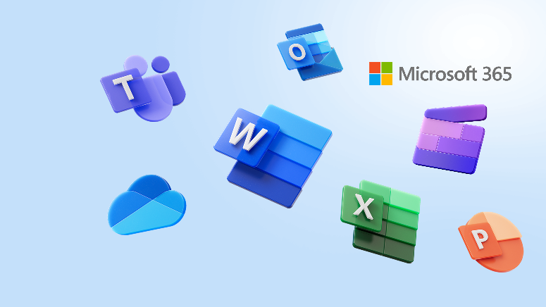 Collection of Microsoft software icons on a light blue background with Microsoft 365 branding.