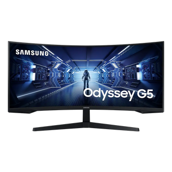 Samsung Odyssey G55T 34-inch ultrawide gaming monitor with curved screen displaying vibrant game graphics