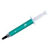 Teal and white syringe-like container on a white background