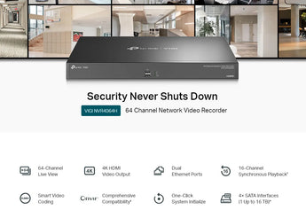 TP-Link VIGI NVR4064H: A 64-channel network video recorder for managing and recording IP camera footage with 4K HDMI output.
