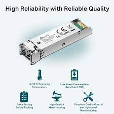TP-Link TL-SM311LM Gigabit SFP module, a multi-mode miniGBIC transceiver with LC connector for fiber optic network connections.