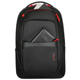 Targus Strike2 Gaming Backpack for 17-inch laptops, black, featuring multiple compartments and headset loop.