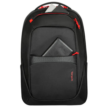 Targus Strike2 Gaming Backpack for 17-inch laptops, black, featuring multiple compartments and headset loop.