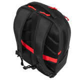 Targus Strike2 Gaming Backpack for 17-inch laptops, black, featuring multiple compartments and headset loop.