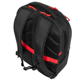 Targus Strike2 Gaming Backpack for 17-inch laptops, black, featuring multiple compartments and headset loop.