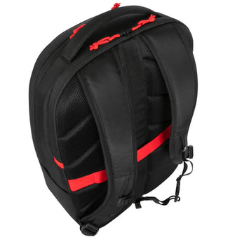 Targus Strike2 Gaming Backpack for 17-inch laptops, black, featuring multiple compartments and headset loop.