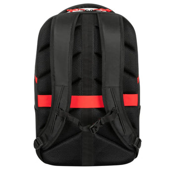 Targus Strike2 Gaming Backpack for 17-inch laptops, black, featuring multiple compartments and headset loop.