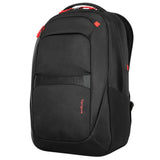 Targus Strike2 Gaming Backpack for 17-inch laptops, black, featuring multiple compartments and headset loop.