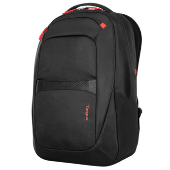 Targus Strike2 Gaming Backpack for 17-inch laptops, black, featuring multiple compartments and headset loop.