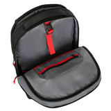 Targus Strike2 Gaming Backpack for 17-inch laptops, black, featuring multiple compartments and headset loop.