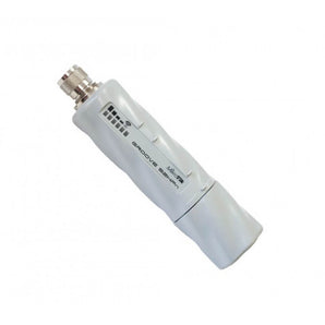 MikroTik GrooveA 52 ac, a small outdoor access point/CPE with N-male connector and 6dBi omnidirectional antenna for 2.4/5GHz wireless.