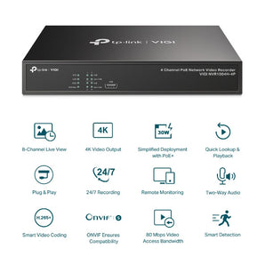 TP-Link VIGI NVR1004H-4P: 4-channel PoE network video recorder with 4 PoE+ ports, 4K HDMI output, for easy security camera management.