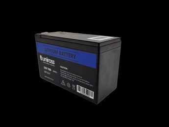 Uniross 12.8V 7Ah LiFEPO4 battery, SKU UR-BAT-LiFePO4-12-7, providing 89.6Wh of power. Rectangular shape with visible terminals.