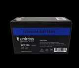 Uniross 12.8V 7Ah LiFEPO4 battery, SKU UR-BAT-LiFePO4-12-7, providing 89.6Wh of power. Rectangular shape with visible terminals.