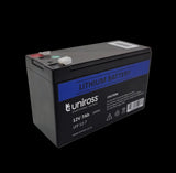 Uniross 12.8V 7Ah LiFEPO4 battery, SKU UR-BAT-LiFePO4-12-7, providing 89.6Wh of power. Rectangular shape with visible terminals.