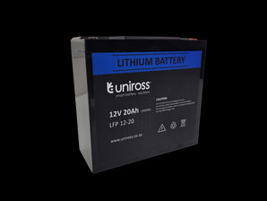 Uniross 12.8V 20Ah (256Wh) LiFEPO4 battery; UR-BAT-LiFePO4-12-20. A rechargeable lithium iron phosphate battery for power solutions.