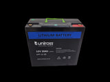 Uniross 12.8V 20Ah (256Wh) LiFEPO4 battery; UR-BAT-LiFePO4-12-20. A rechargeable lithium iron phosphate battery for power solutions.