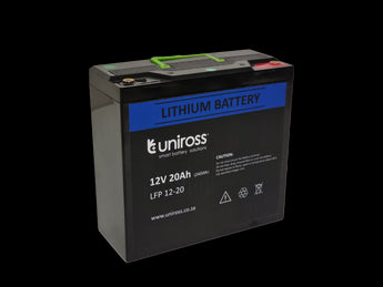 Uniross 12.8V 20Ah (256Wh) LiFEPO4 battery; UR-BAT-LiFePO4-12-20. A rechargeable lithium iron phosphate battery for power solutions.