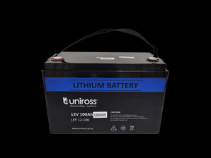 Uniross 12.8V 100Ah LiFEPO4 battery, model UR-BAT-LiFePO4-12-100. A rectangular power solution with visible terminals.