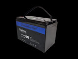 Uniross 12.8V 100Ah LiFEPO4 battery, model UR-BAT-LiFePO4-12-100. A rectangular power solution with visible terminals.