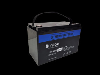 Uniross 12.8V 100Ah LiFEPO4 battery, model UR-BAT-LiFePO4-12-100. A rectangular power solution with visible terminals.