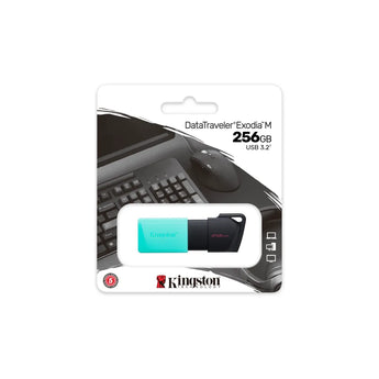 Kingston DataTraveler Exodia M 256GB USB 3.2 Gen 1 flash drive in black and teal with keyring loop.