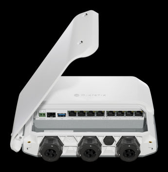 MikroTik RB5009UPr+S+OUT: Outdoor PoE router featuring 7x Gigabit Ethernet, 1x 2.5 Gigabit Ethernet ports. Rugged design for demanding environments.