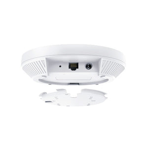 TP-Link EAP650 AX3000 ceiling-mounted wireless access point. Sleek, white, disc-shaped design for optimal WiFi 6 performance in offices.