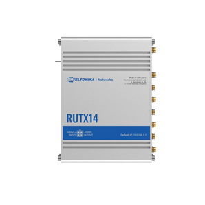Teltonika RUTX14 industrial cellular router with antennas, dual SIM slots, Gigabit Ethernet ports, and Wi-Fi 5 for fast, reliable 4G LTE Cat 12 connectivity.