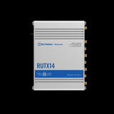 Teltonika RUTX14 industrial cellular router with antennas, dual SIM slots, Gigabit Ethernet ports, and Wi-Fi 5 for fast, reliable 4G LTE Cat 12 connectivity.