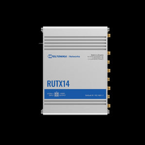 Teltonika RUTX14 industrial cellular router with antennas, dual SIM slots, Gigabit Ethernet ports, and Wi-Fi 5 for fast, reliable 4G LTE Cat 12 connectivity.
