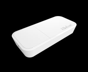 MikroTik wAP 60 Kit: Two small white wireless units for establishing a high-speed, point-to-point 60GHz wireless connection.