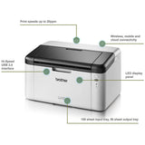 Brother HL1210W monochrome laser printer with 3-year warranty, producing fast, high-quality prints.