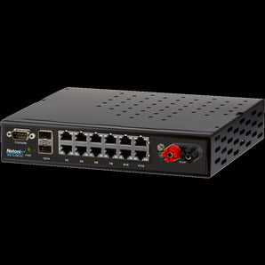 Netonix WS-12-250-DC: 12-port managed PoE switch with 2 SFP uplink ports, supporting 24V/48V DC input and 250W PoE output.
