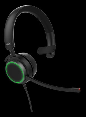 Snom A330M mono over-ear headset with microphone, USB and 3.5mm connectors for VoIP calls, featuring passive noise cancellation.