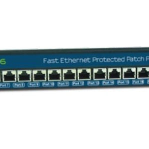 Clear Line 24-port Gigabit rackmount PoE surge arrestor CAT6 patch panel, used to protect network equipment from power surges.