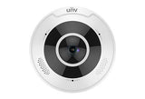 Uniview UNV 12MP Fisheye Dome IP Camera providing a 360-degree view. Vandal-resistant dome with infrared for night vision.