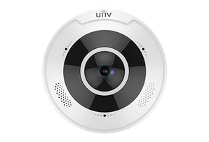 Uniview UNV 12MP Fisheye Dome IP Camera providing a 360-degree view. Vandal-resistant dome with infrared for night vision.