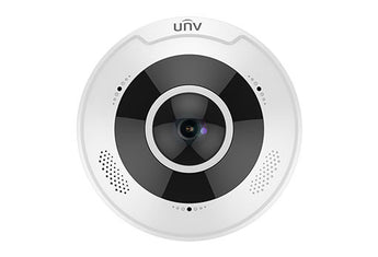 Uniview UNV 12MP Fisheye Dome IP Camera providing a 360-degree view. Vandal-resistant dome with infrared for night vision.