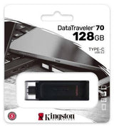Kingston DataTraveler 70 128GB USB-C flash drive, USB 3.2 Gen 1, compact and lightweight.