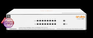 HPE Instant On 1430 8-port Gigabit Ethernet PoE switch. Compact design with 8 PoE ports for powering devices like IP cameras and phones.