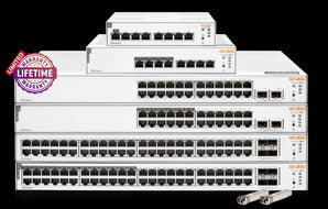 HPE Instant On 1830 24-port Gigabit switch with 12 PoE+ ports providing 195W total power for powering devices.