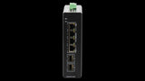 BDCOM IS200-2S4P industrial switch: 4 Gigabit PoE+ ports, 2 SFP ports, managed, metal housing, DIN-Rail mount for reliable network connectivity.