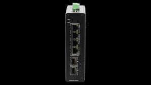 BDCOM IS200-2S4P industrial switch: 4 Gigabit PoE+ ports, 2 SFP ports, managed, metal housing, DIN-Rail mount for reliable network connectivity.